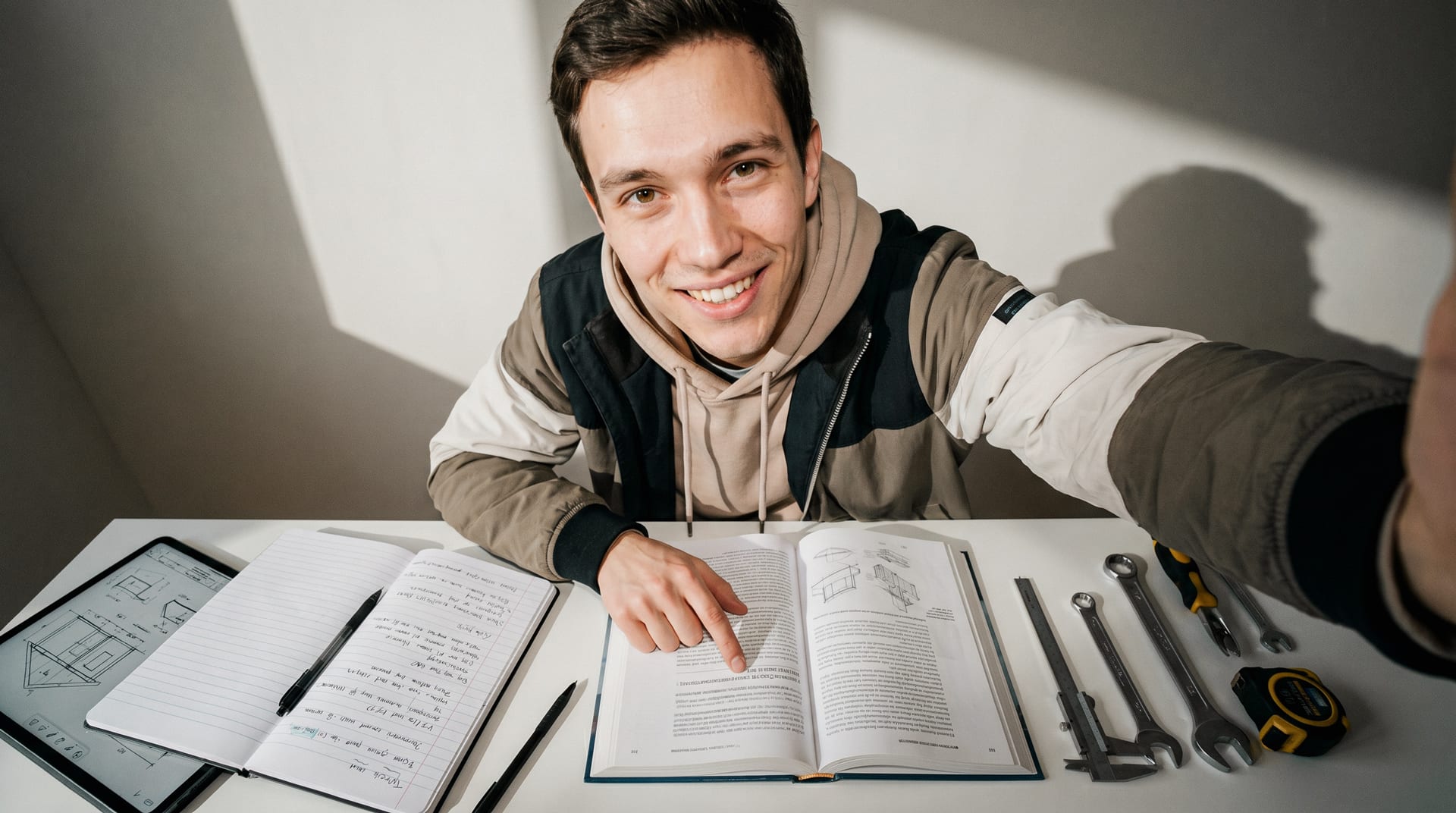 Ein lächelnder Lehrling zeigt beim Selfie auf sein Fachbuch neben Tablet, Messschieber und Schraubenschlüsseln.