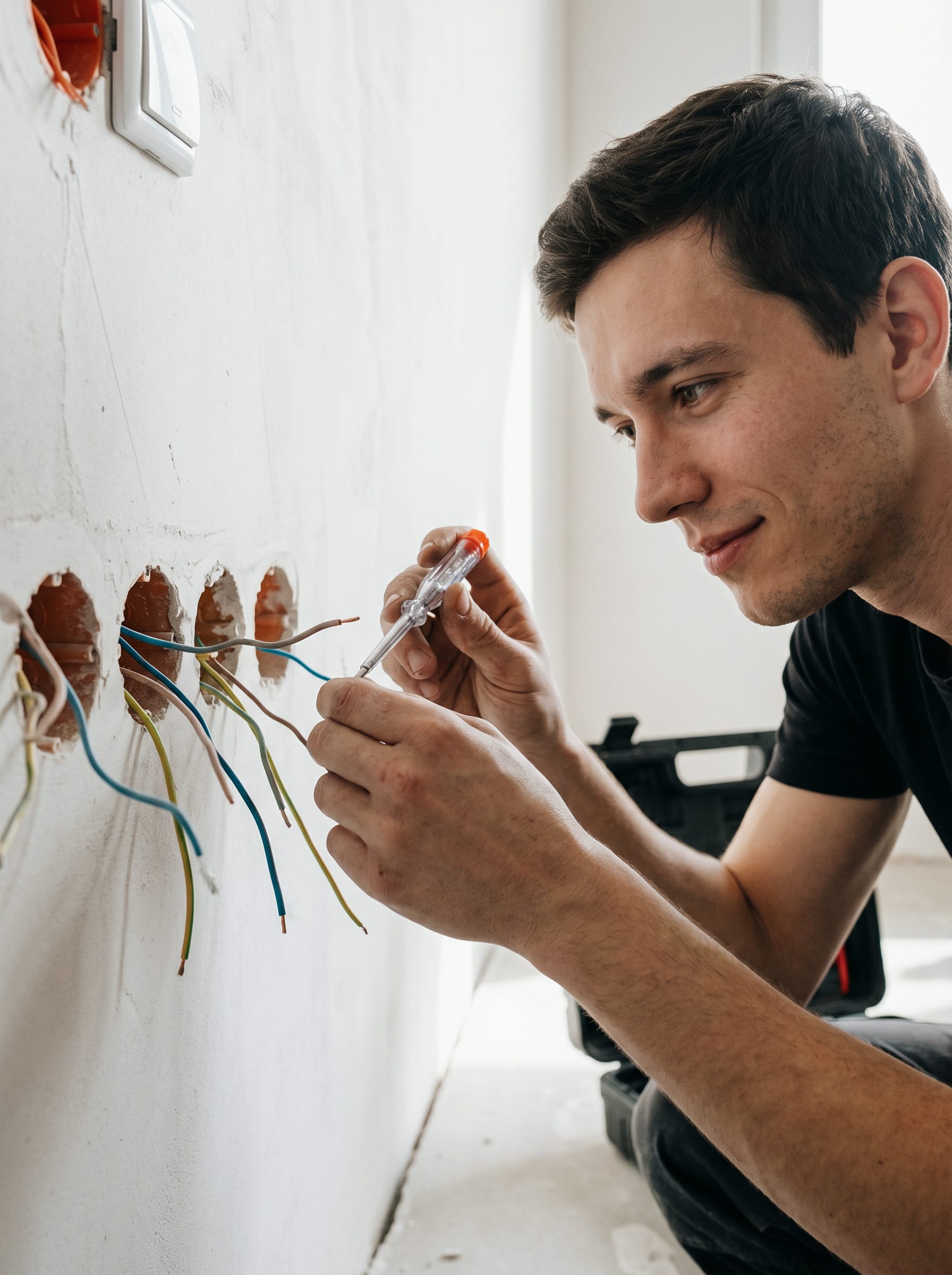 Ein Elektriker prüft mit einem Phasenprüfer freiliegende Kabel an einer Wandöffnung.