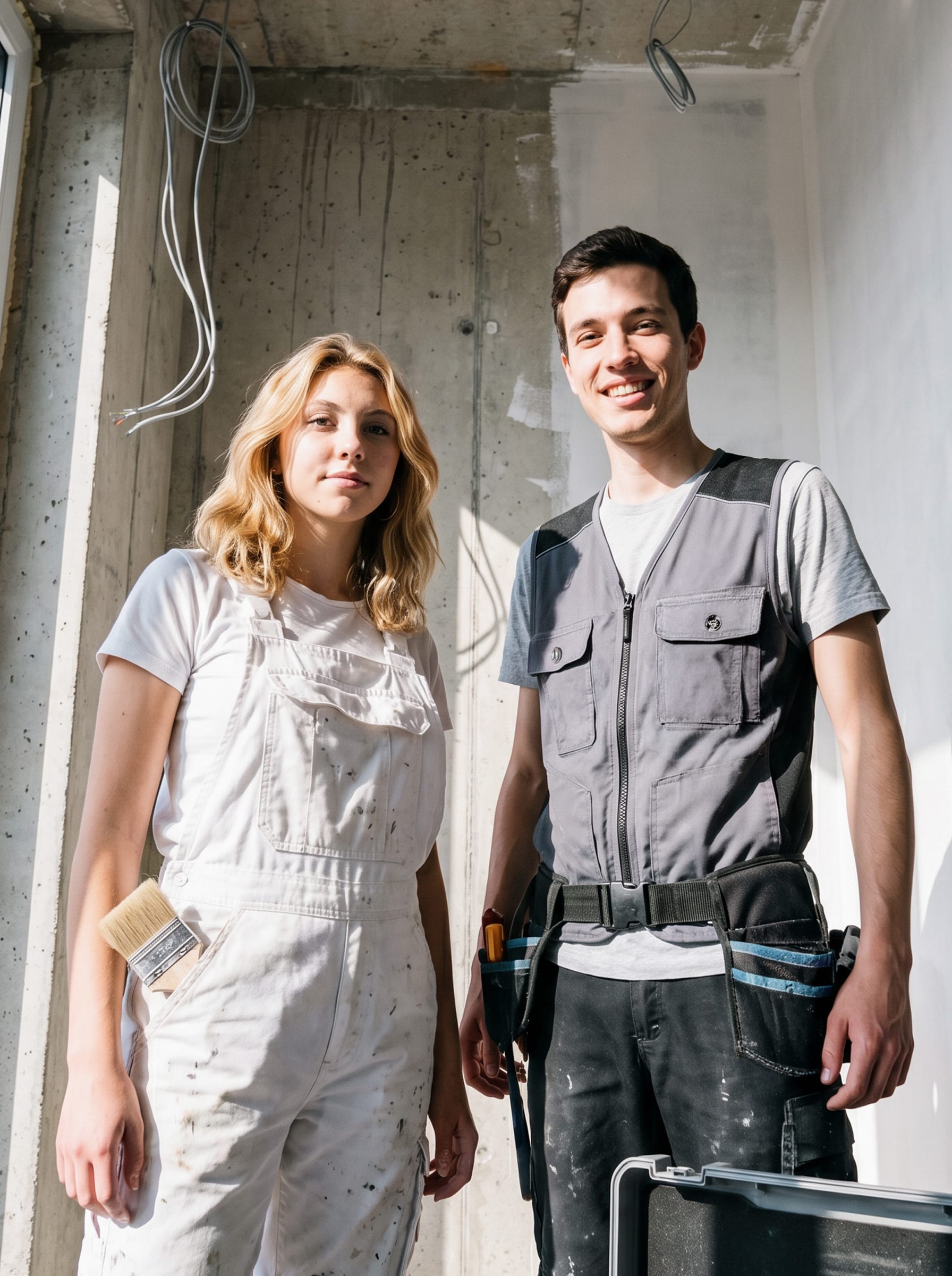 Eine Malerin mit Pinsel und ein Handwerker mit Werkzeuggürtel stehen lächelnd in einem Rohbau.