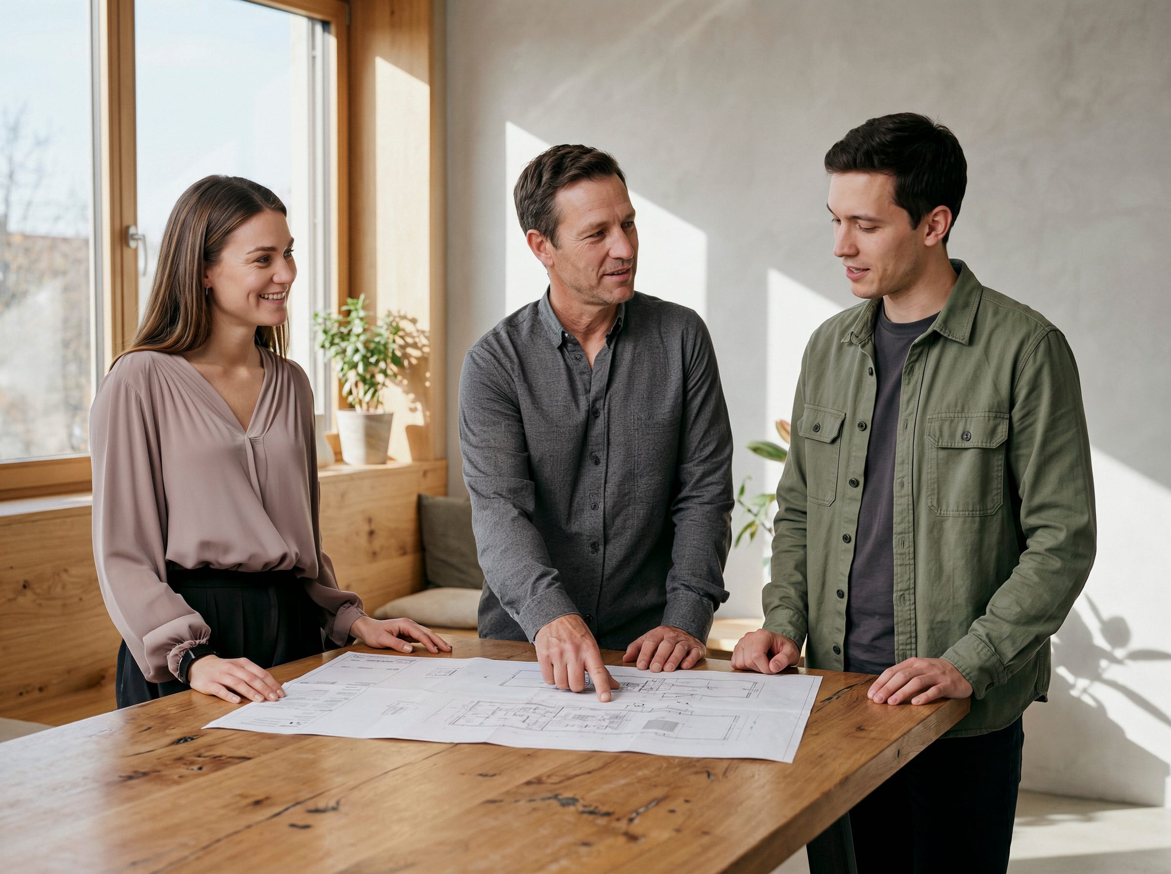 Ein Architekt erklärt einer Frau und einem Mann einen Bauplan auf einem Holztisch.