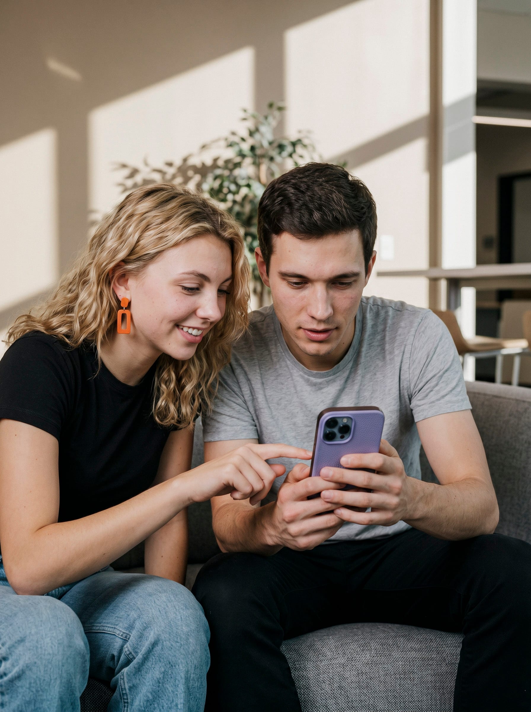 Eine junge Frau und ein Mann sitzen auf einem Sofa und blicken gemeinsam auf ein Smartphone, auf das sie zeigt.