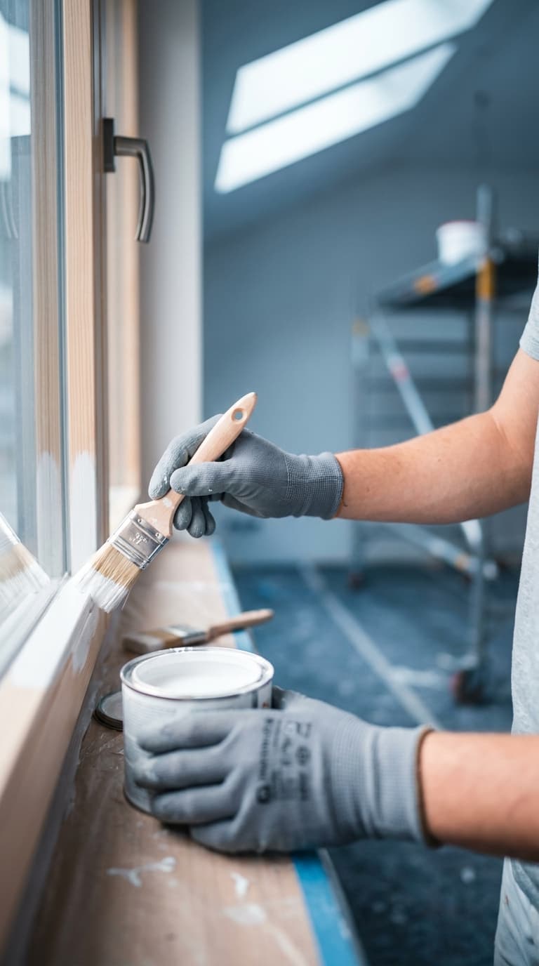 Maler streicht mit einem Pinsel einen Fensterrahmen weiß an und hält eine geöffnete Farbdose.