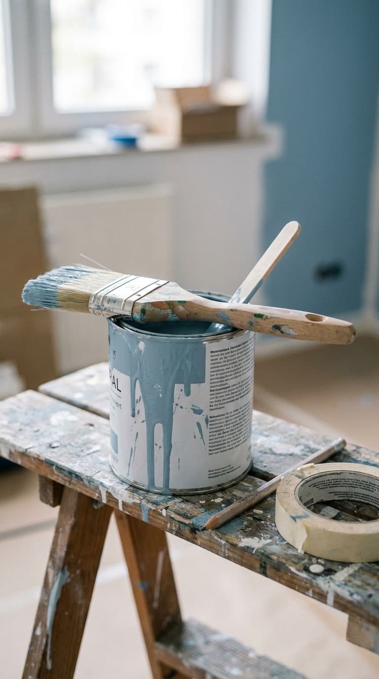 Geöffneter Farbeimer mit hellblauer Farbe, ein Pinsel, Malerkrepp und ein Bleistift auf einer Holzleiter.