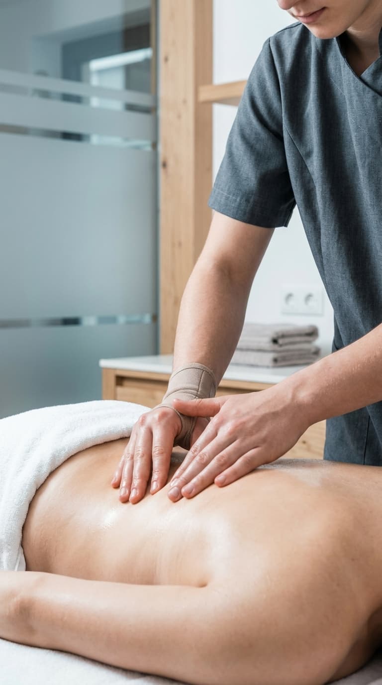 Ein Masseur massiert den eingeölten Rücken einer auf dem Bauch liegenden Person.