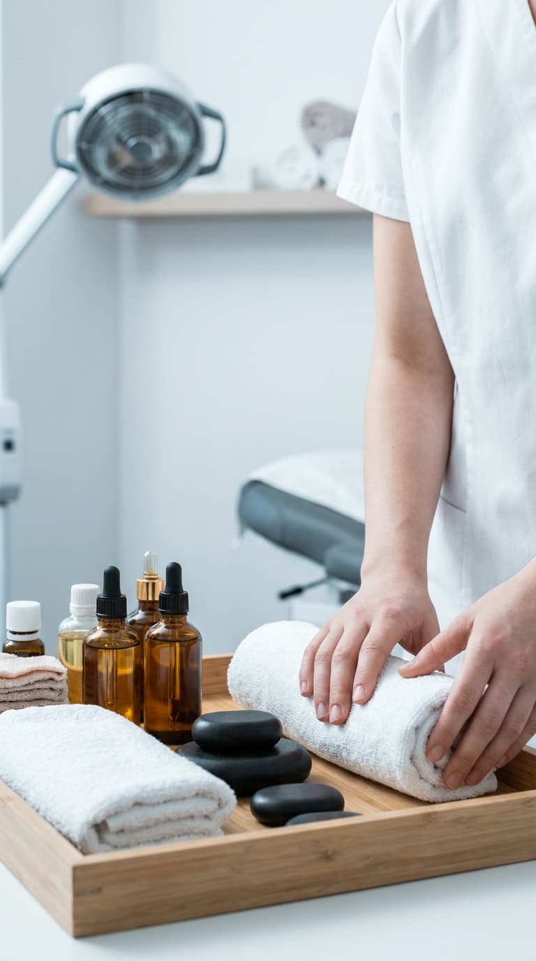 Wellness-Fachkraft richtet Massageöle, Steine und Handtücher auf einem Holztablett an.