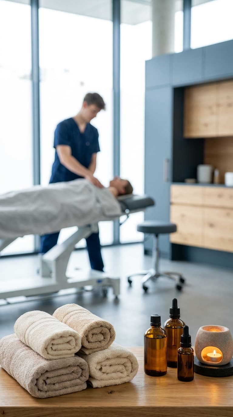Handtücher und Massageöle im Vordergrund vor einem Masseur, der im Hintergrund eine Patientin behandelt.