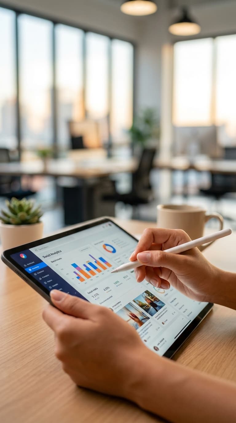 Hände bedienen ein Tablet mit Diagrammen per digitalem Stift an einem Schreibtisch im hellen Büro.
