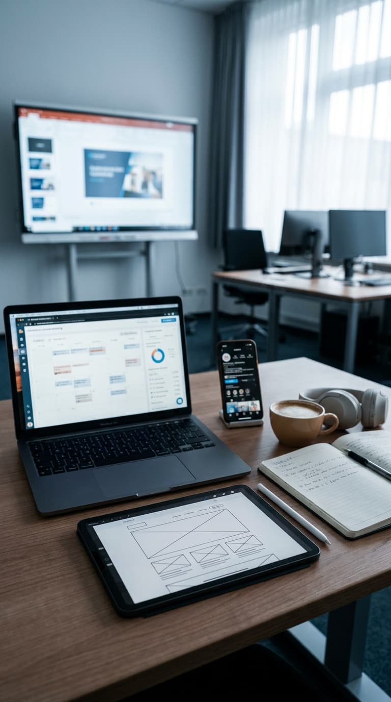 Arbeitsplatz mit Laptop, Tablet samt Designskizze, Smartphone, Kaffeetasse, Kopfhörer und Notizblock im Büro.