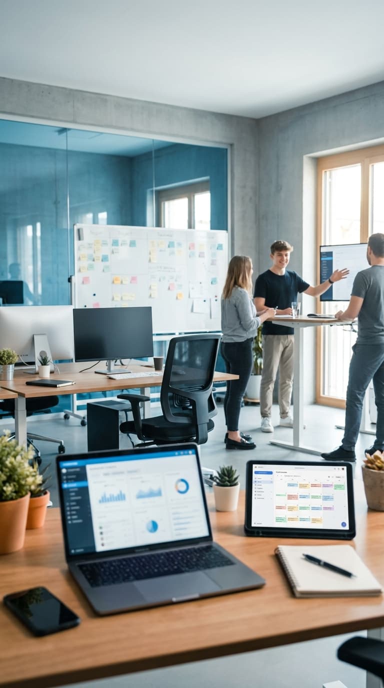 Drei Personen besprechen sich am Stehtisch im Büro, im Vordergrund stehen ein geöffneter Laptop und ein Tablet.