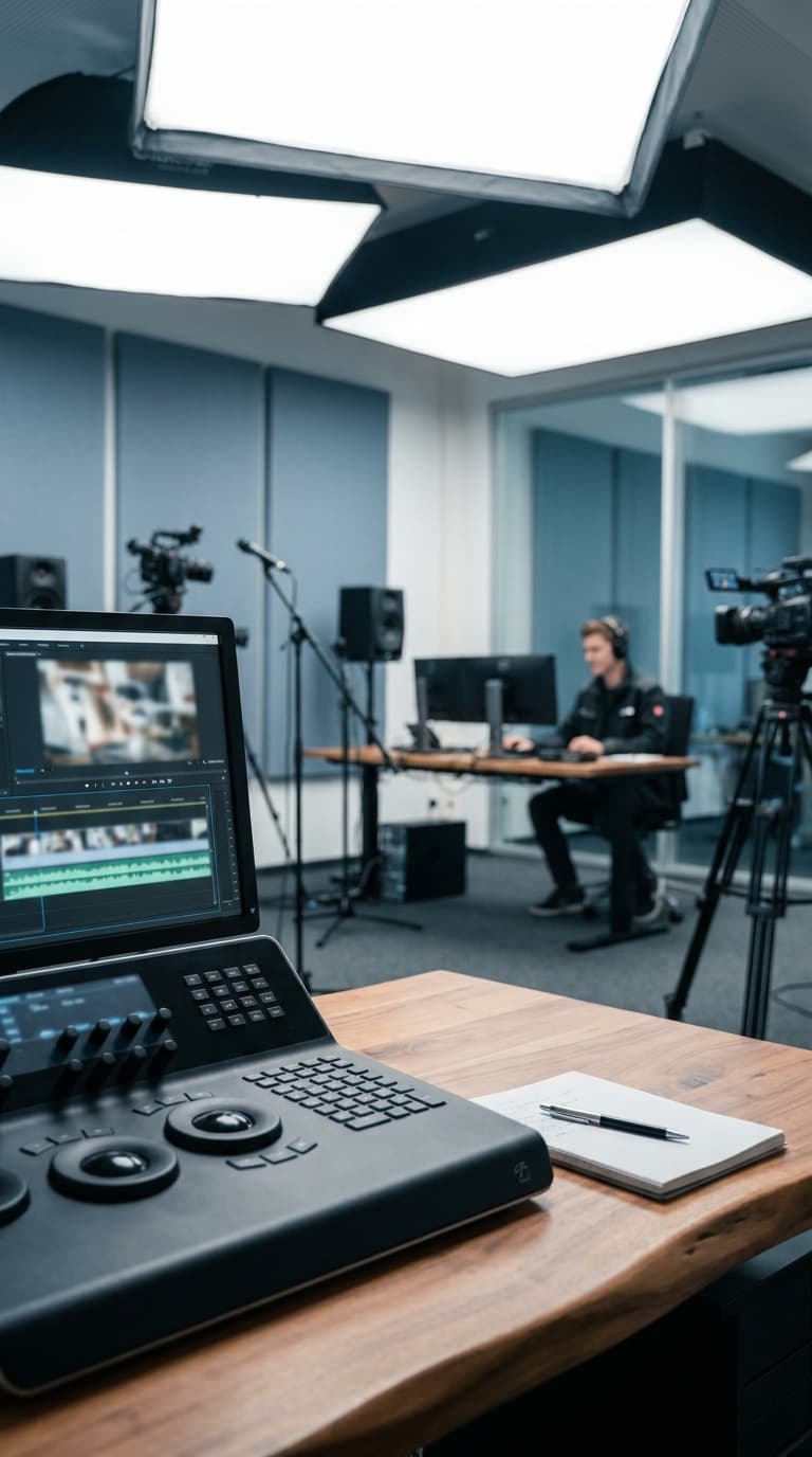 Blick über ein Schnittpult auf einen Cutter, der im Hintergrund an einem Computer im Videostudio arbeitet.