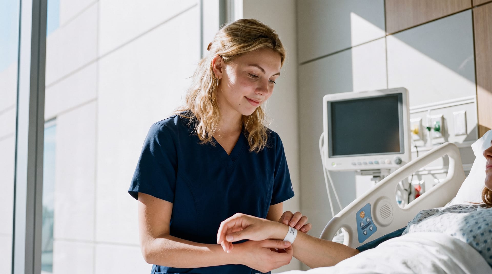 Eine Pflegefachkraft im blauen Kasack kontrolliert das Patientenarmband einer Person im Krankenhausbett.