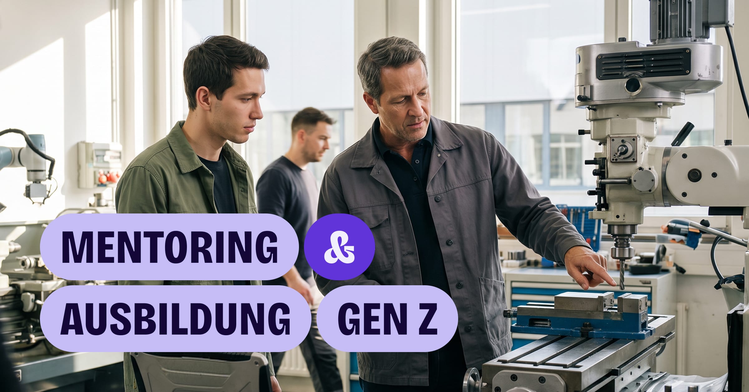 Ein Ausbilder erklärt einem Lehrling in einer Werkstatt die Bedienung einer Fräsmaschine.