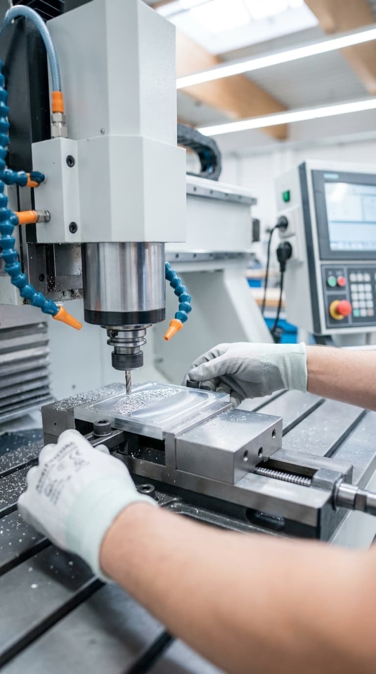 Eine Fachkraft mit Schutzhandschuhen richtet ein Metallwerkstück in einer CNC-Fräsmaschine aus.
