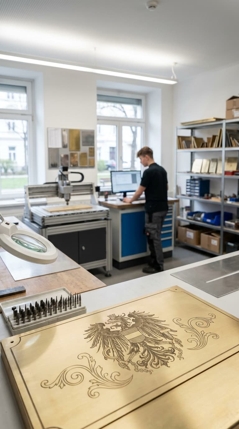 Graveur arbeitet am Computer neben einer CNC-Maschine, im Vordergrund liegt eine gravierte Messingplatte mit Wappen.
