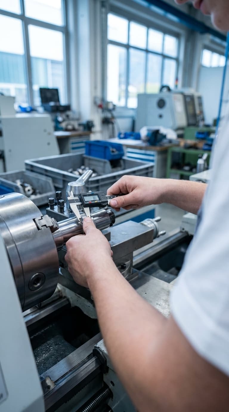 Ein Lehrling misst ein metallenes Werkstück an einer Drehmaschine mit einem digitalen Messschieber.