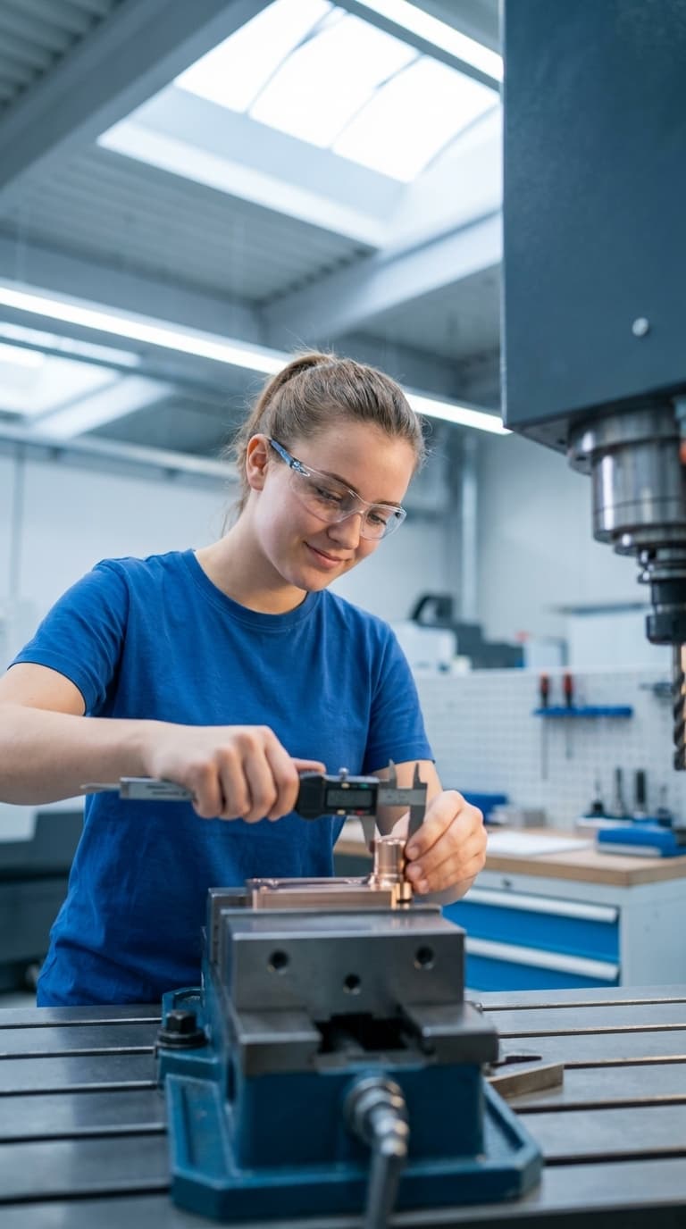 Eine junge Frau misst in einer Werkstatt mit einem Messschieber ein Werkstück in einem Schraubstock.