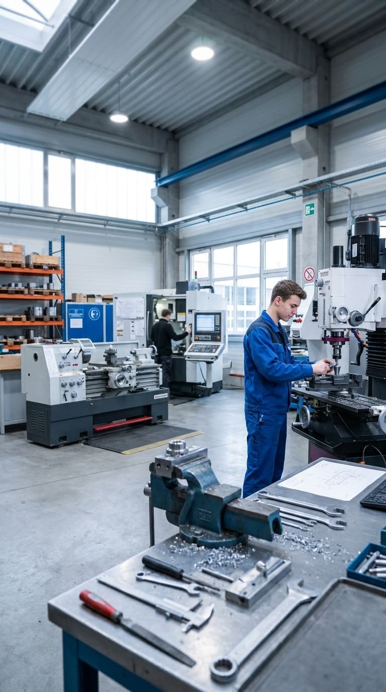 Ein Auszubildender im blauen Arbeitsanzug bedient eine Fräsmaschine in einer Werkstatt.