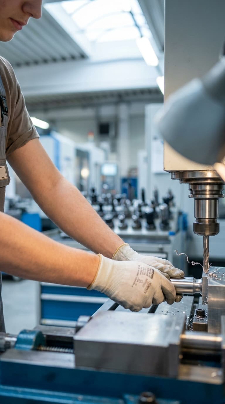 Ein Lehrling mit Schutzhandschuhen bearbeitet ein Werkstück an einer Fräsmaschine.
