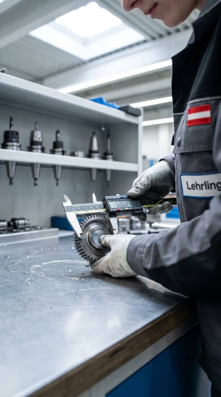 Ein Lehrling misst mit einem digitalen Messschieber den Durchmesser eines Zahnrads in einer Werkstatt.