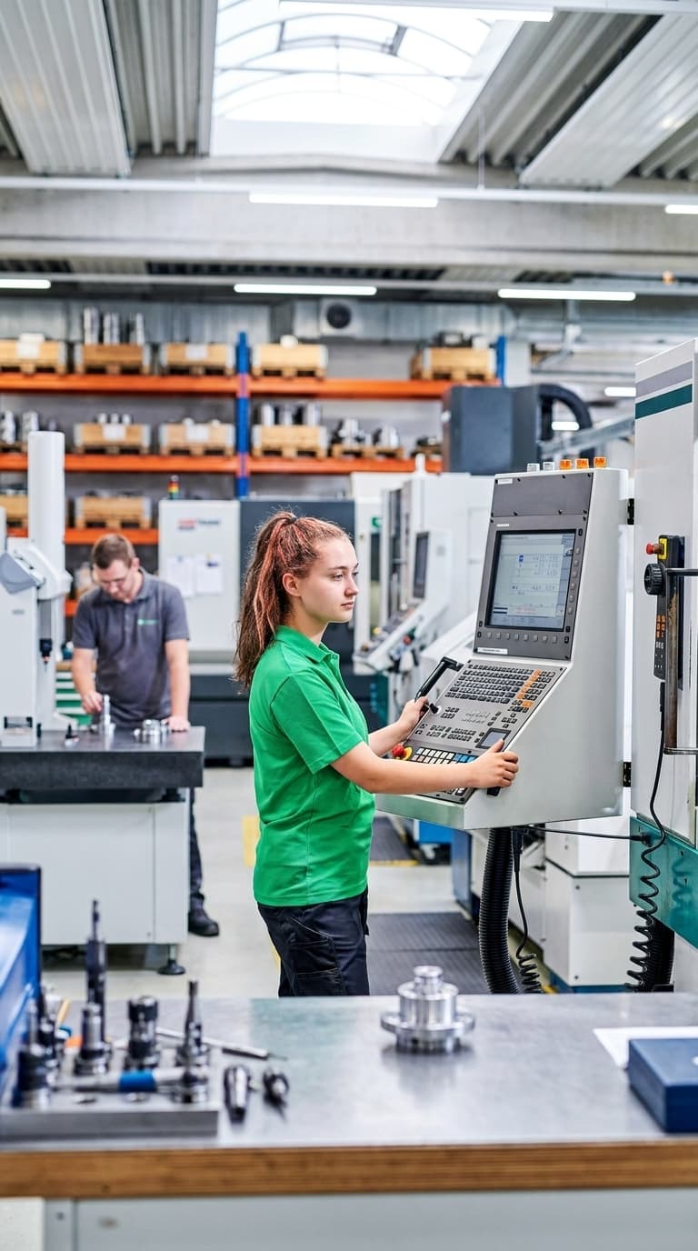 Ein Lehrling im grünen Poloshirt bedient das Steuerpult einer CNC-Maschine in einer hellen Werkshalle.