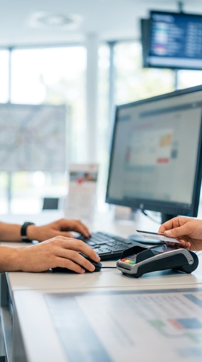 Ein Kunde zahlt mit Karte am Terminal, während ein Mitarbeiter am Schalter den Computer bedient.