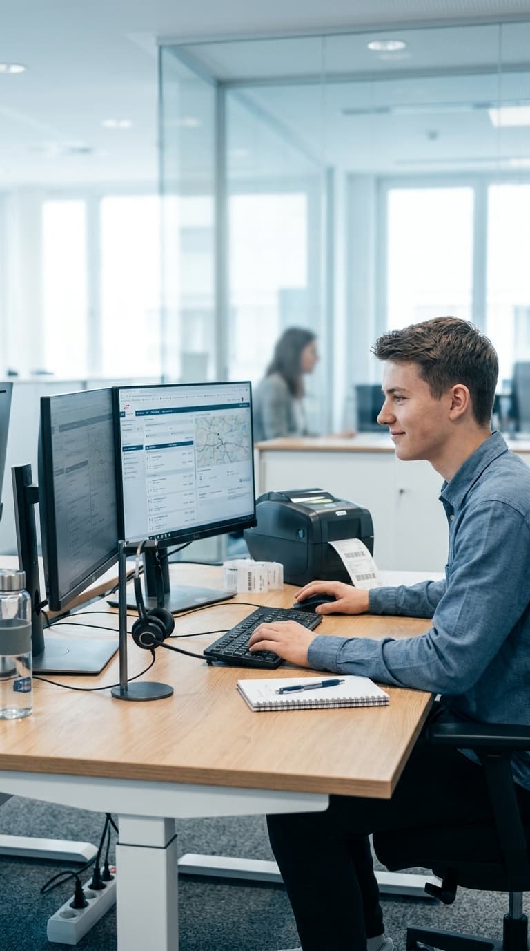 Ein junger Mann arbeitet an einem Büroarbeitsplatz mit zwei Monitoren und einem Etikettendrucker.
