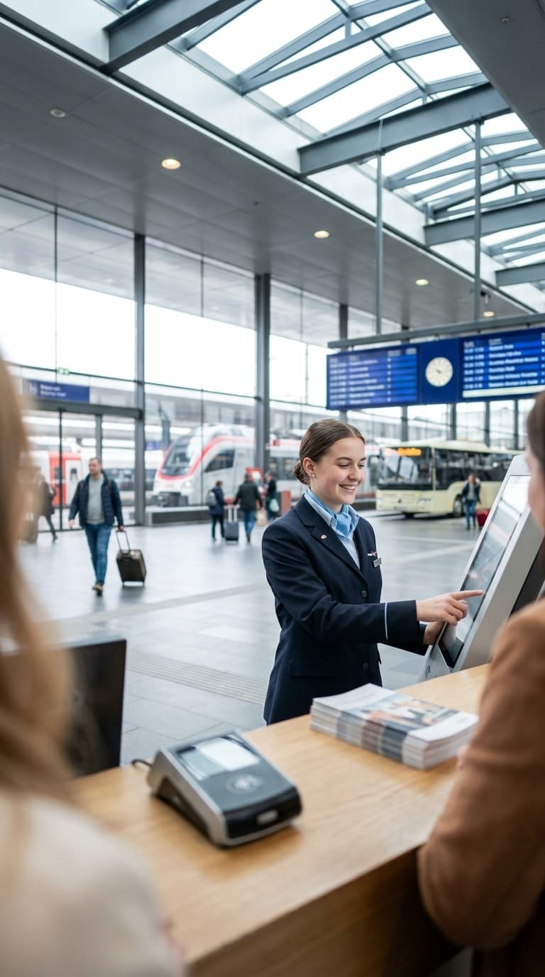 Eine lächelnde Servicekraft bedient einen Touchscreen am Schalter im Bahnhof und berät Kundschaft.