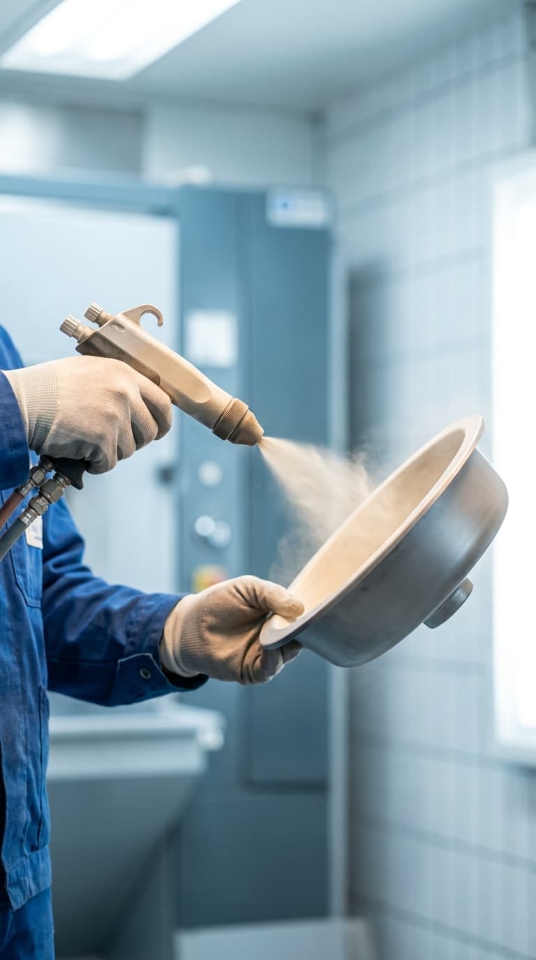 Handwerker in blauem Arbeitsanzug besprüht eine Metallschale mit einer Spritzpistole.