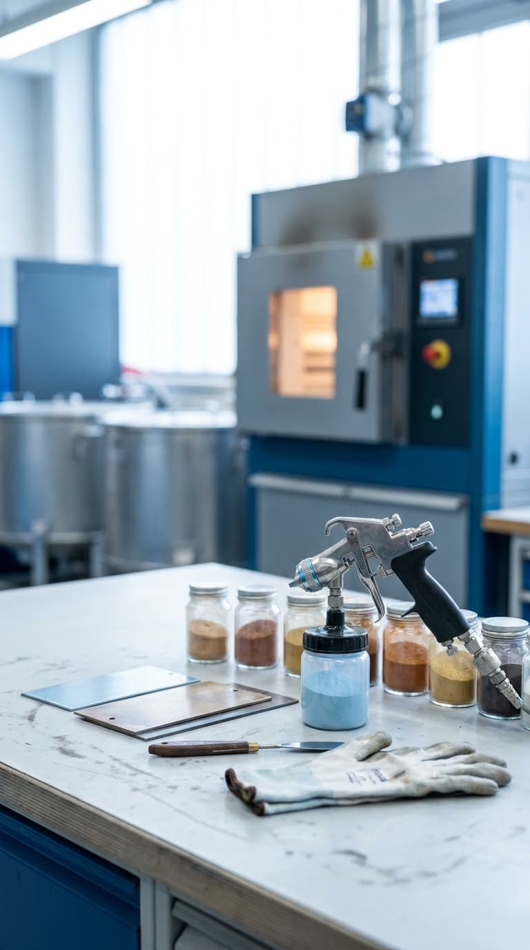 Pulversprühpistole, Farbpulvergläser, Prüfbleche und Arbeitshandschuh auf einem Labortisch vor einem Ofen.