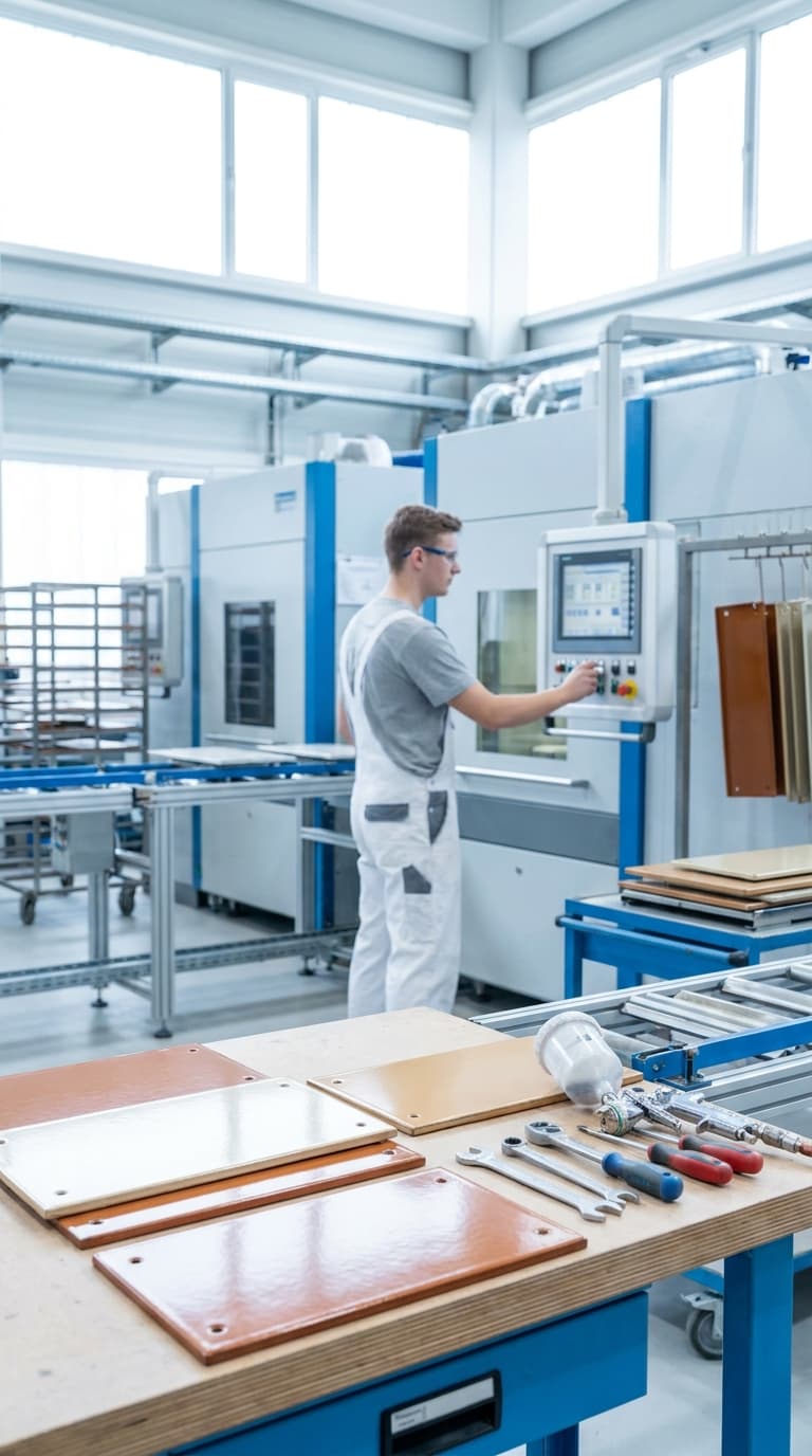 Ein Lackierer bedient die Steuerung einer Industrieanlage in einer hellen Produktionshalle.