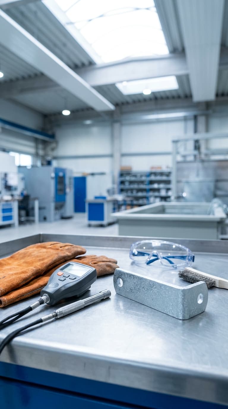 Schutzbrille, Arbeitshandschuhe, ein Messgerät und ein Metallbauteil liegen auf einem Arbeitstisch in einer Werkstatt.