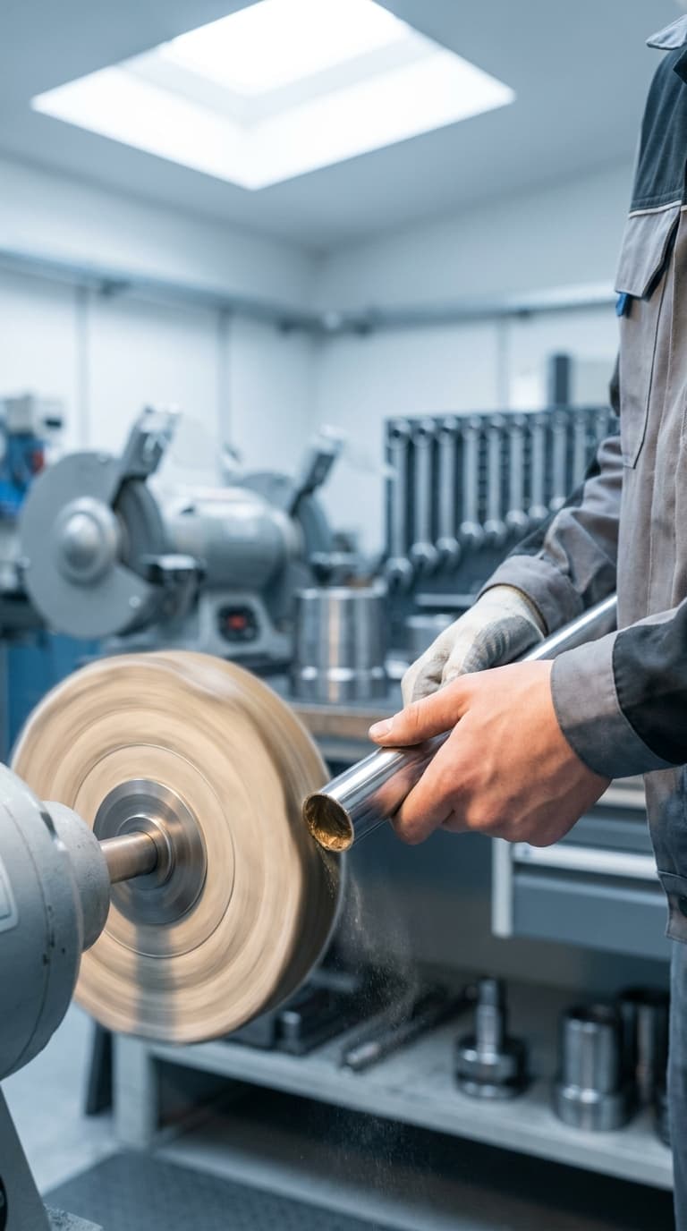Handwerker poliert das Ende eines Metallrohrs an einer rotierenden Poliermaschine in einer Werkstatt.