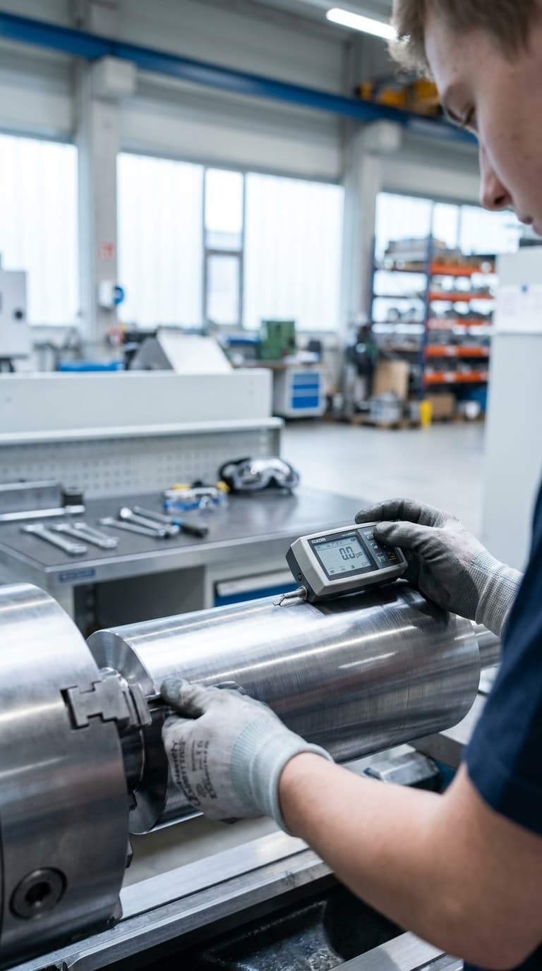 Ein Lehrling prüft mit einem Rauheitsmessgerät die Oberfläche eines Metallzylinders in einer Drehmaschine.