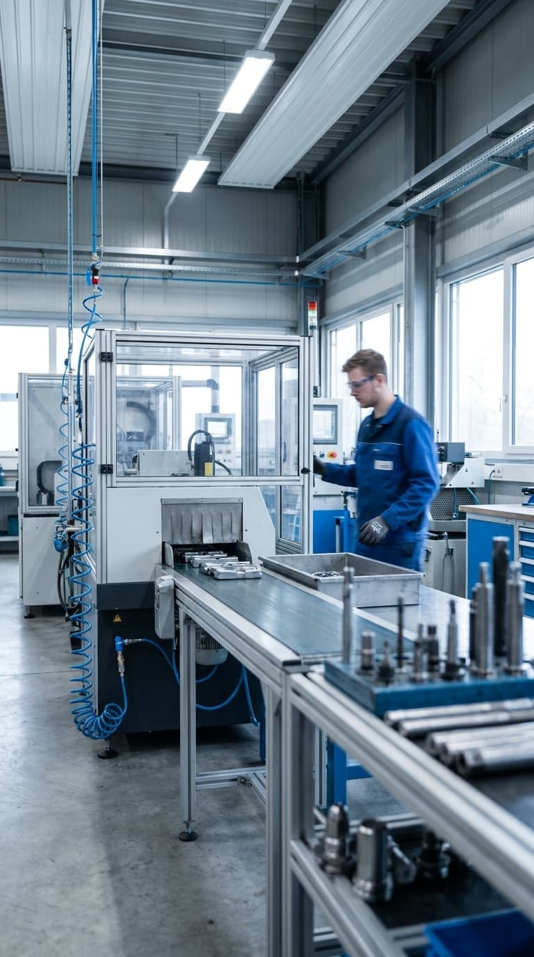 Ein Industriemechaniker arbeitet an einem Förderband in einer Produktionshalle.