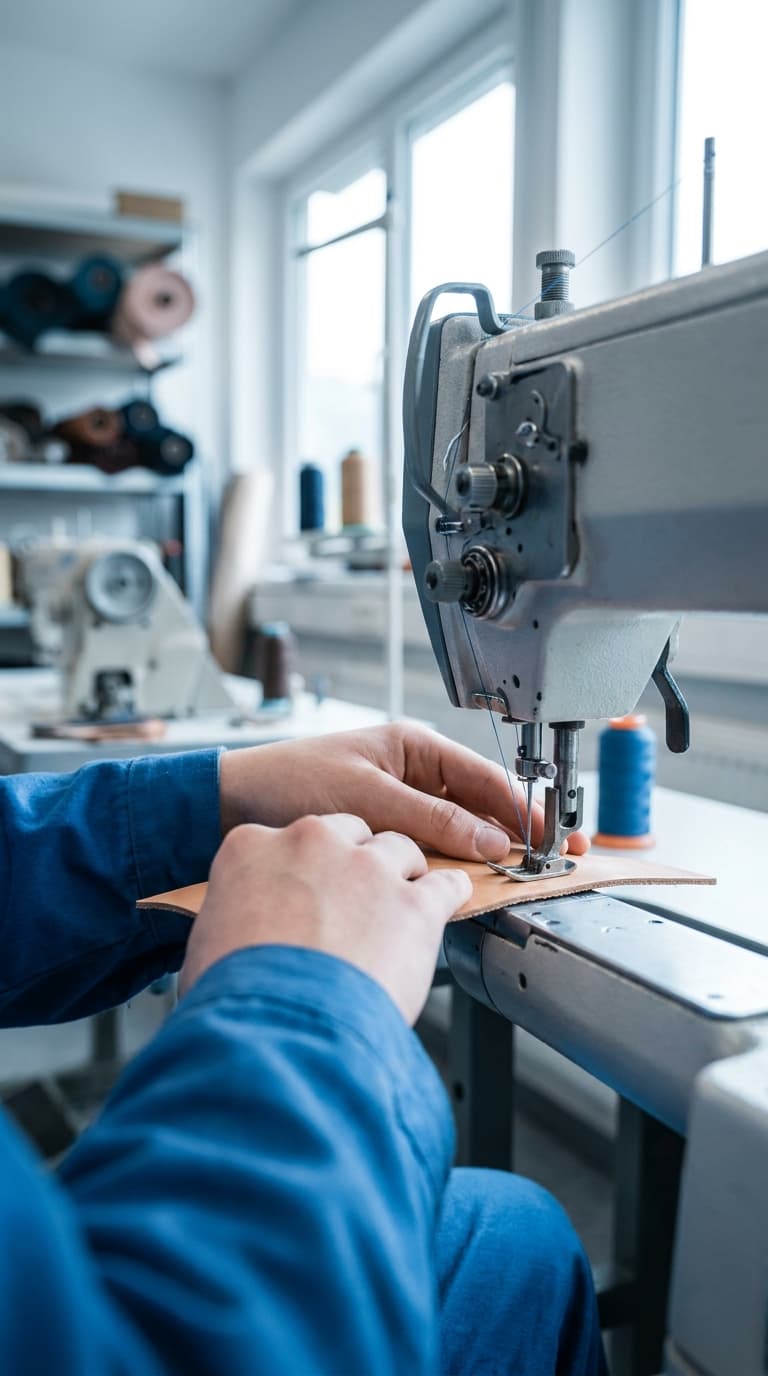 Eine Person in blauer Arbeitskleidung näht ein Stück braunes Leder mit einer industriellen Nähmaschine.