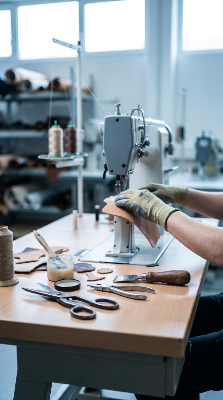 Eine Person näht Leder an einer Nähmaschine; auf dem Arbeitstisch liegen Schere, Zange und Kleber.