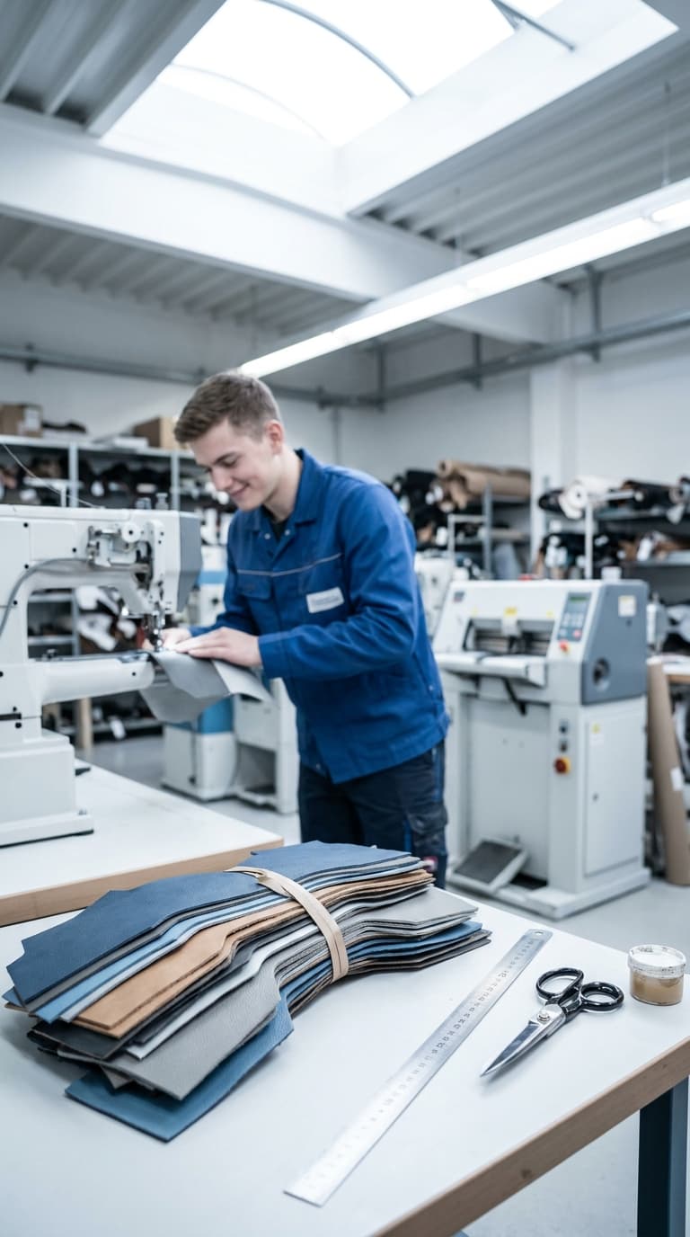 Ein Handwerker näht Leder an einer Nähmaschine in einer Werkstatt.