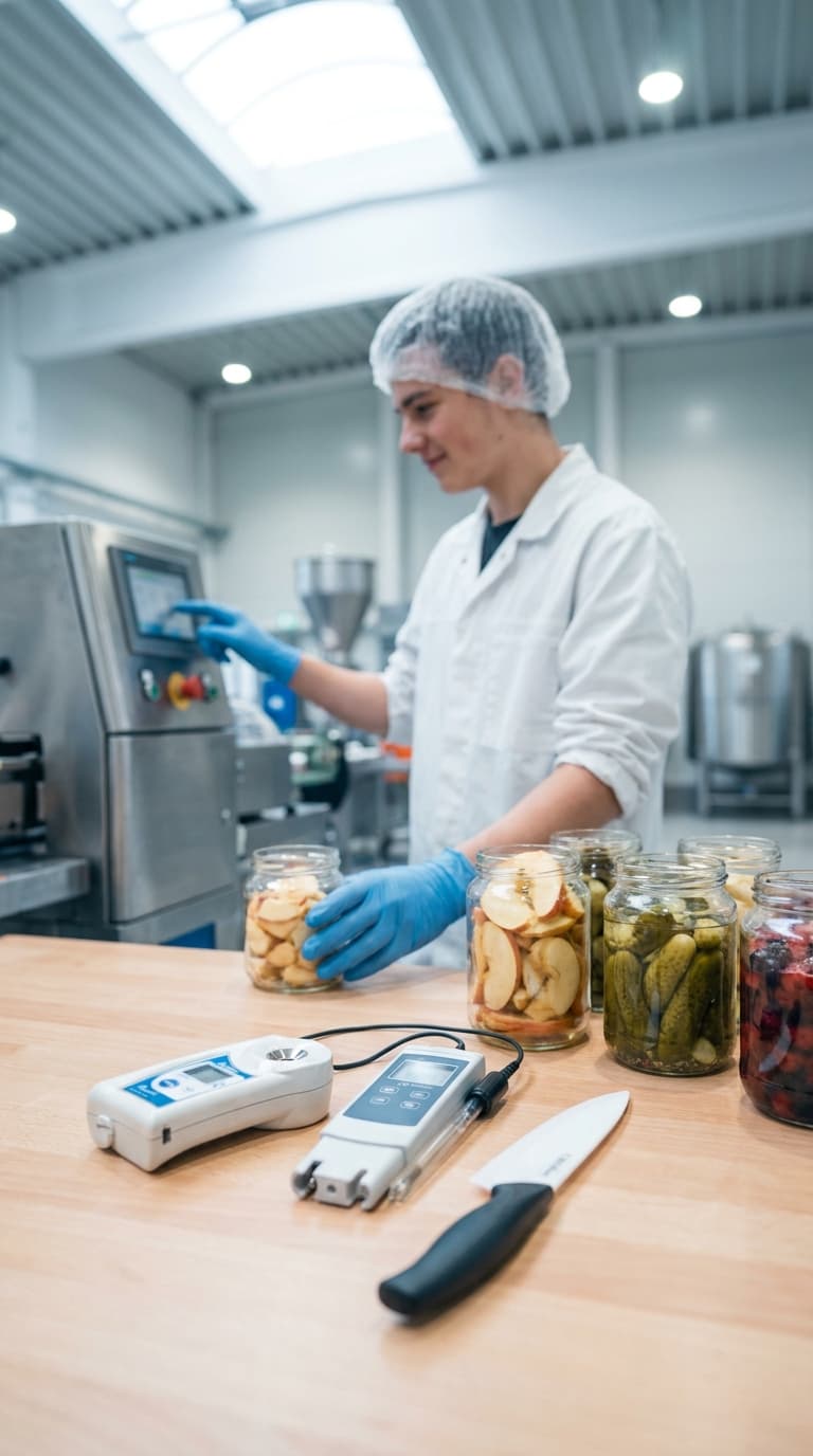 Fachkraft für Lebensmitteltechnik bedient Display an Maschine neben Einmachgläsern und Laborgeräten.