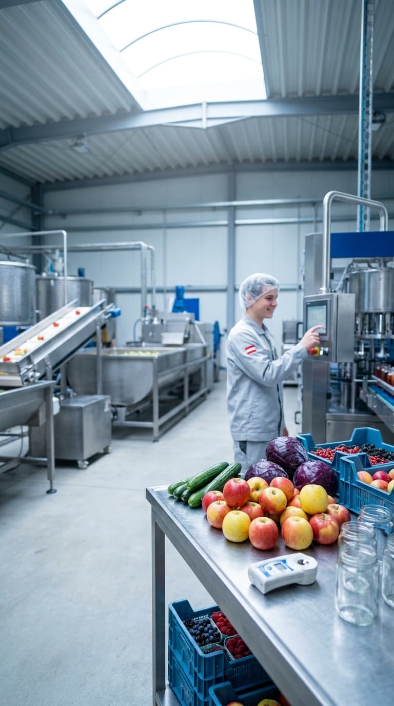 Lehrling bedient Touchscreen in der Lebensmittelproduktion, davor frisches Obst und Gemüse.