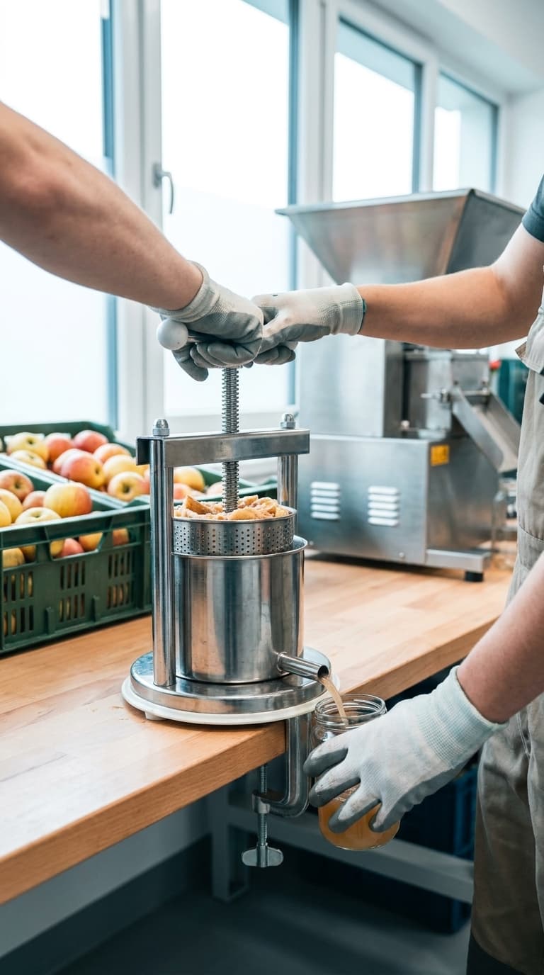 Zwei Personen mit Arbeitshandschuhen pressen mit einer mechanischen Obstpresse frischen Apfelsaft in ein Glas.