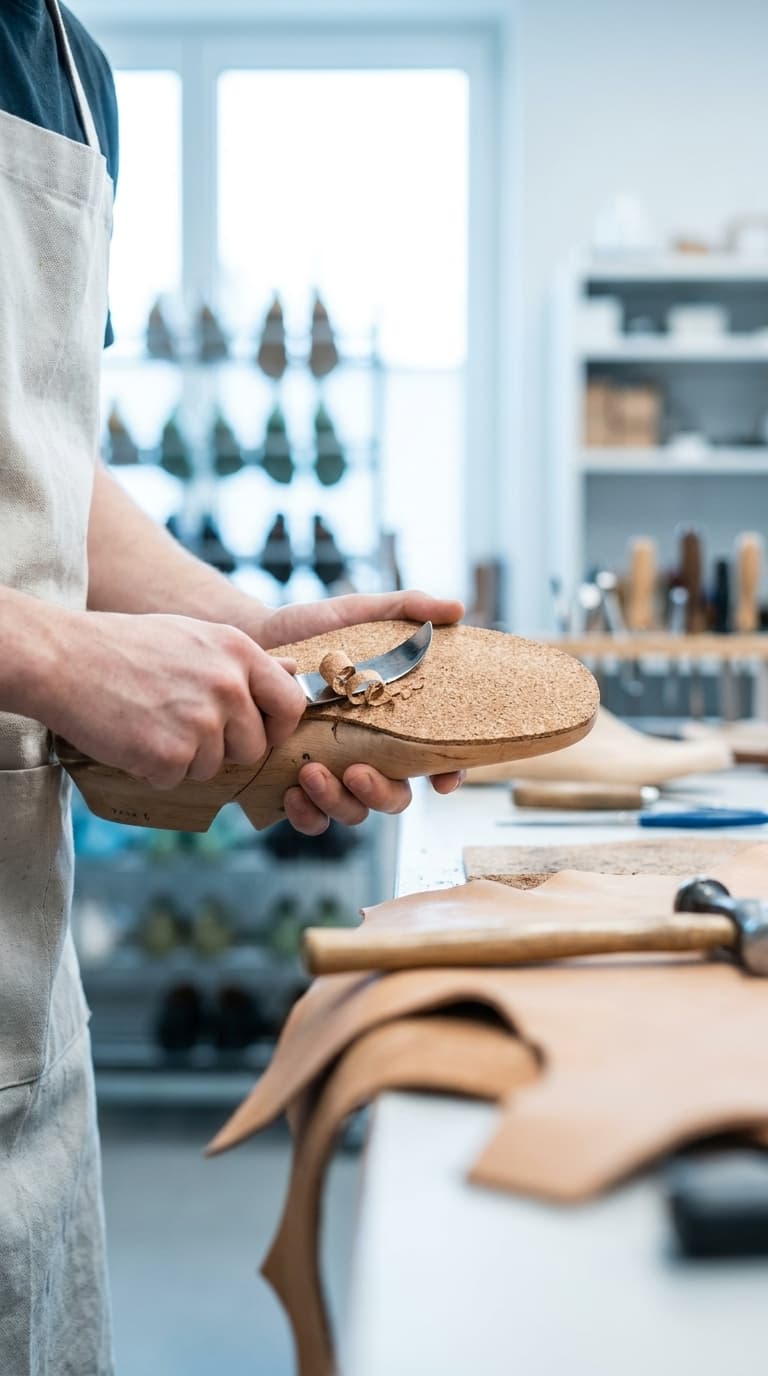 Ein Schuhmacher bearbeitet mit einem Schustermesser eine Korksohle auf einem Holzleisten in einer Werkstatt.