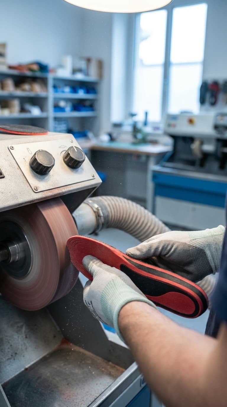 Orthopädieschuhmacher schleift eine rote Schuheinlage an einer rotierenden Schleifmaschine.