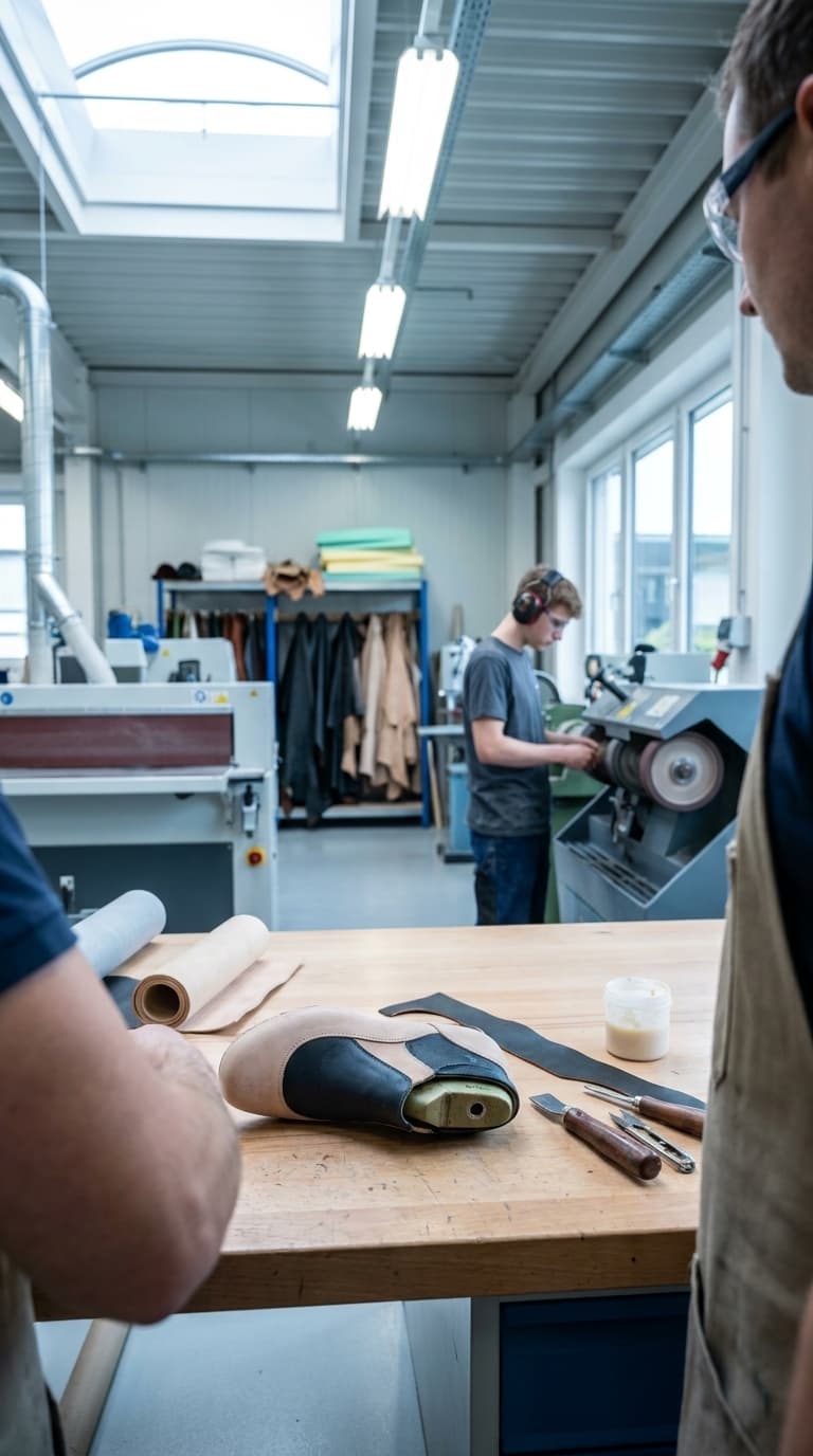 Halbfertiger Schuh auf einer Werkbank; im Hintergrund bedient ein Mann eine Schleifmaschine in der Schuhmacherwerkstatt.