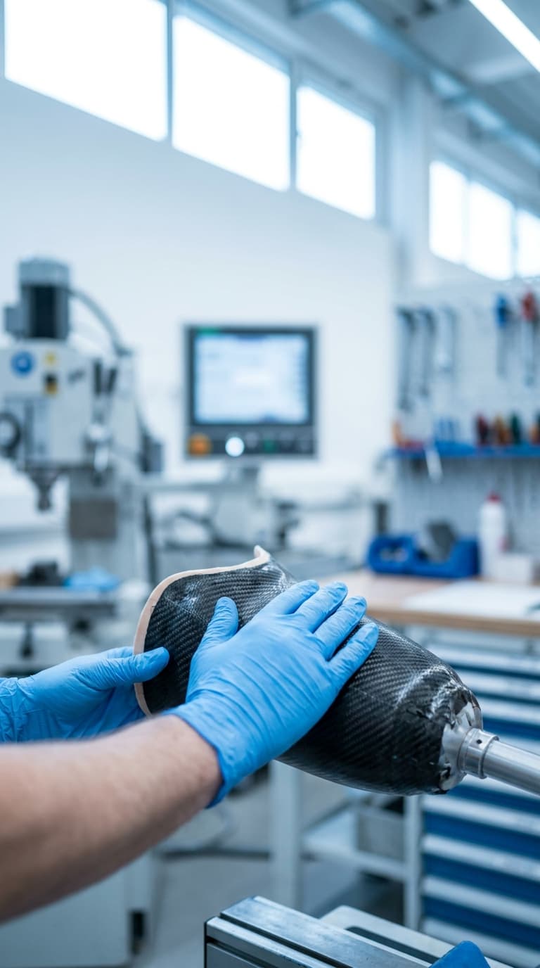 Hände in blauen Handschuhen prüfen eine Beinprothese aus Carbon in einer Orthopädiewerkstatt.