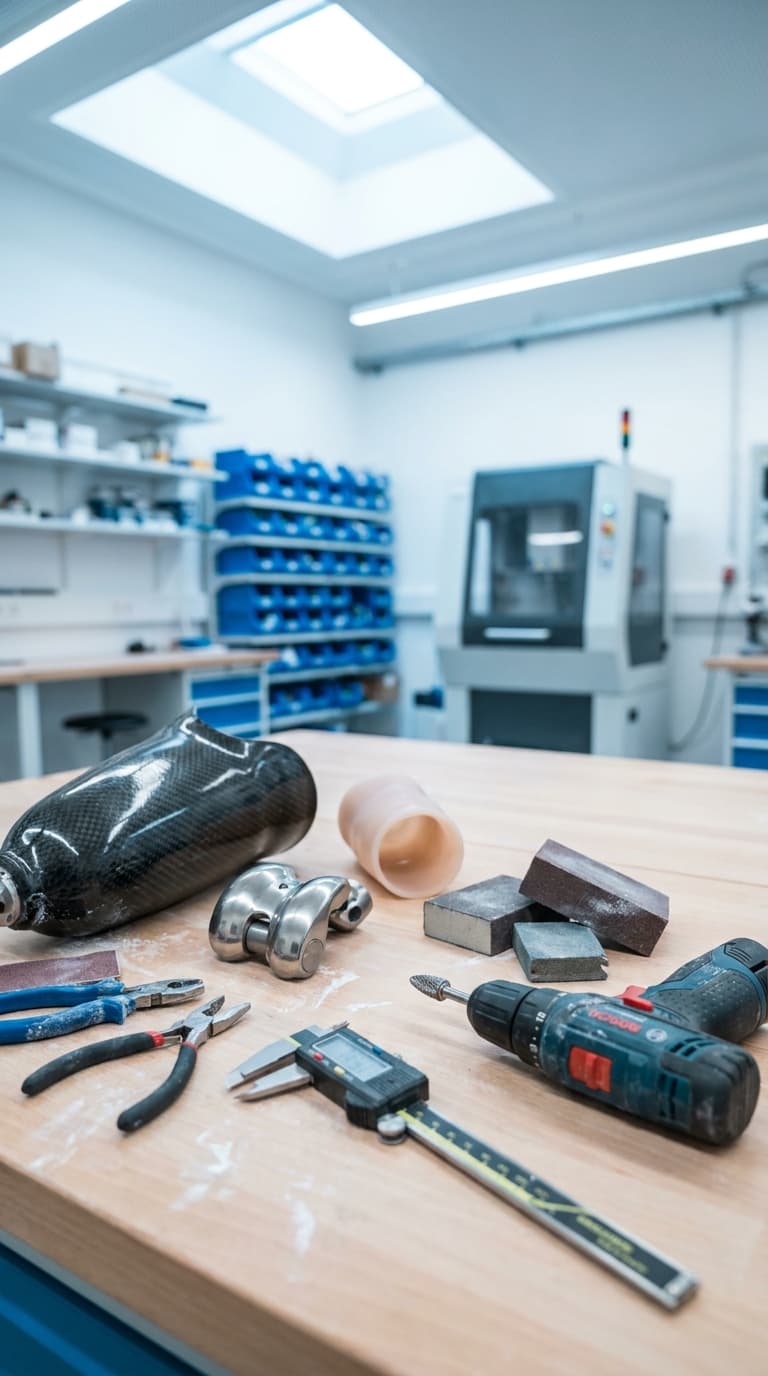 Prothesenbauteile, ein Akkuschrauber und Werkzeuge liegen auf einer Werkbank in einer Orthopädiewerkstatt.