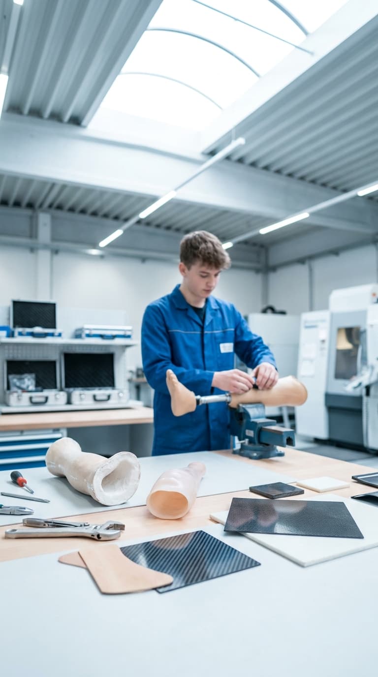 Ein Lehrling für Orthopädietechnik arbeitet in einer Werkstatt an einer Beinprothese, die im Schraubstock eingespannt ist.
