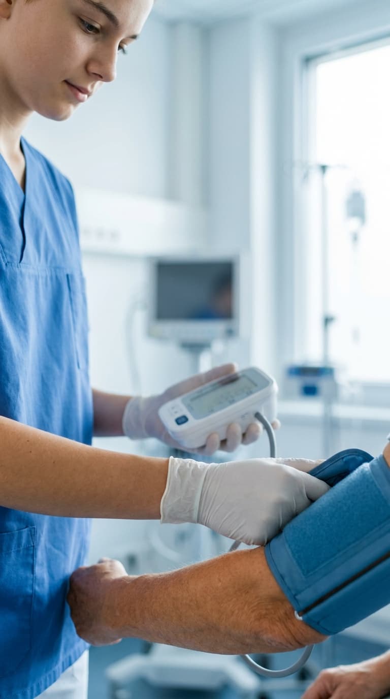 Eine Pflegekraft misst mit einem digitalen Blutdruckmessgerät den Blutdruck eines Patienten im Krankenhaus.