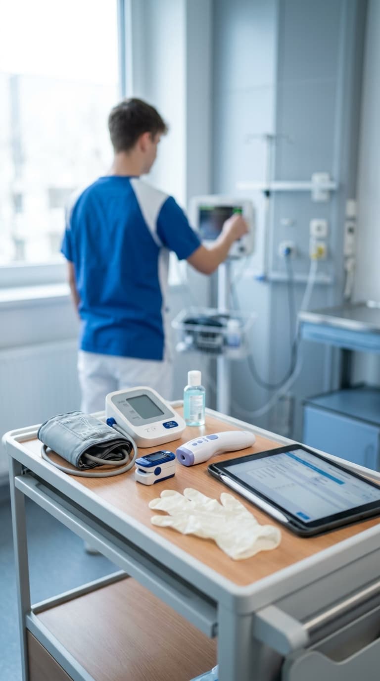 Im Hintergrund bedient ein Pfleger einen Monitor, davor steht ein Wagen mit Blutdruckmessgerät und einem Tablet.