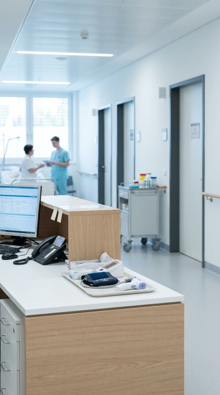 Pflegestützpunkt im Krankenhaus mit medizinischen Geräten auf dem Tresen und zwei Pflegekräften im Hintergrund.