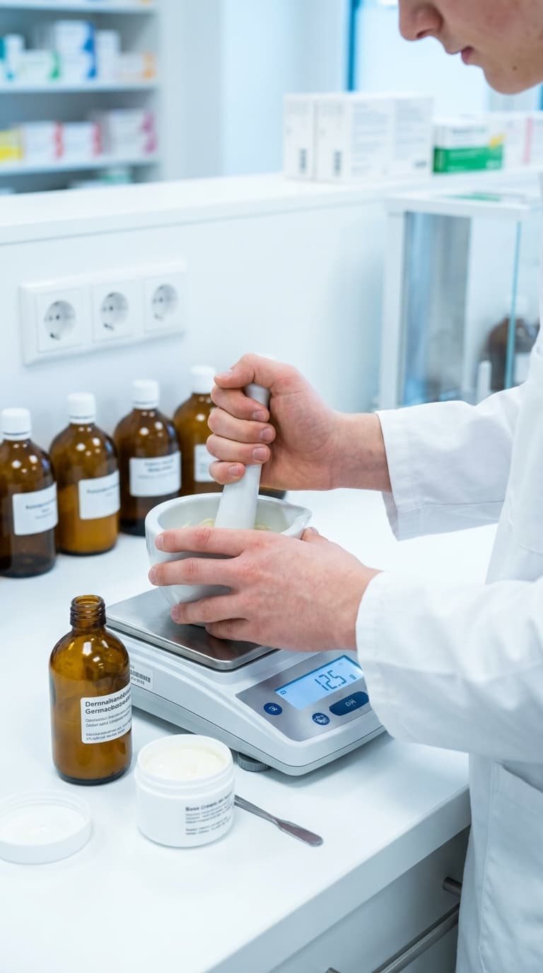 Eine pharmazeutische Fachkraft rührt Salbe mit Mörser und Pistill auf einer Waage im Apothekenlabor an.